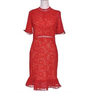 RED DRESS BARDOT SIZE 8 LACE RED ORANGE  PARTY MEDIUM CUT OUT
